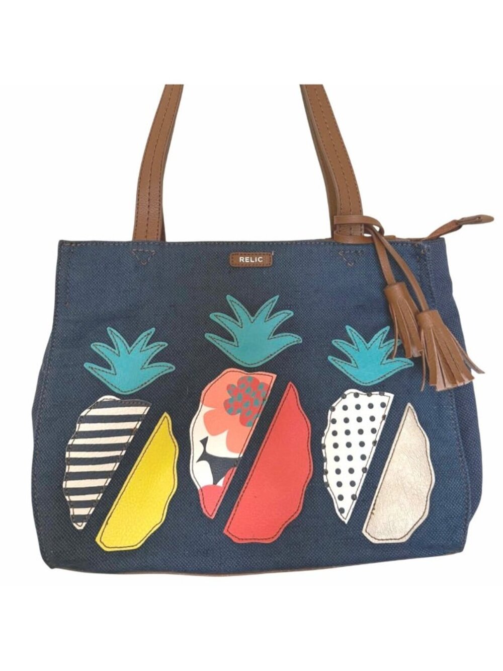 Relic Pineapple Appliqué Denim Tote Tropical Beach Bag Resort Wear Cruise Bag